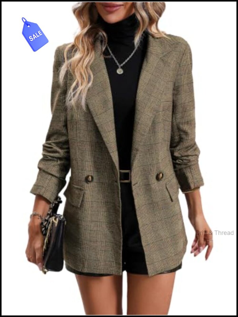 Women's Plaid Blazer Houndstooth Business Casual Double Breasted Jacket
